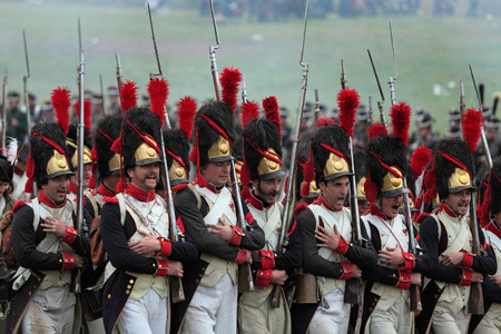 BORODINO, MOSCOW REGION - SEPTEMBER 02: Reenactment of the Borodino battle between Russian and French armies in 1812 at its 200th anniversary on September 02, 2012 in Borodino, Moscow Region, Russiaのeditorial素材