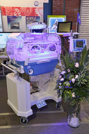 ZHUKOVSKY, RUSSIA - JUN 29: The international salon of arms and military technology "Engineering technologies 2012" on Jun 29, 2012 in Zhukovsky. Incubator intensive care of newbornsのeditorial素材