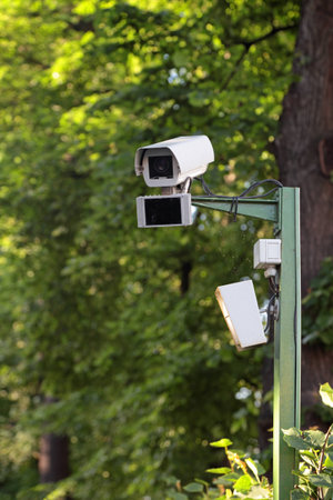 Observation camera on a column in the parkの写真素材