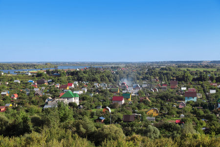 Russia, Moscow region, a top view of the holiday villages near the riverの写真素材