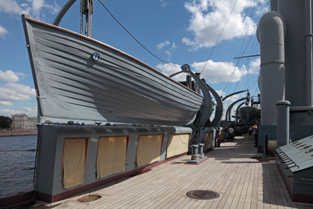 ST.-PETERSBURG - JUL 02: The famous revolutionary ship cruiser Aurora on the Neva river on Jul 02,...