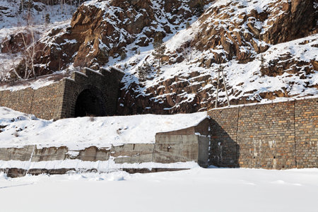 Russia, Siberia, winter Baikal, the view of the old tunnel Circum-Baikal railwayの写真素材