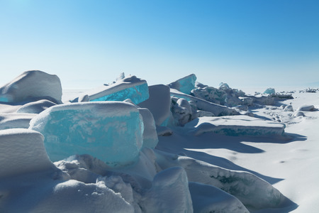Ice hummocks around the shore of lake Baikal, winter Siberia, Russiaの写真素材