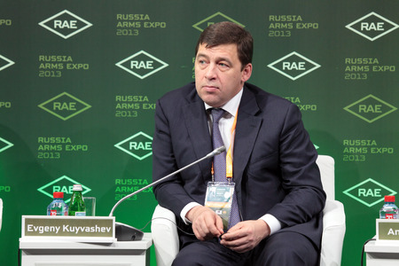 NIZHNY TAGIL, RUSSIA - SEP 25: Evgeny Kuyvashev - Governor of Sverdlovsk region at the exhibition RUSSIA ARMS EXPO (RAE-2013) on September, 25, 2013 at Nizhny Tagil, Russiaのeditorial素材