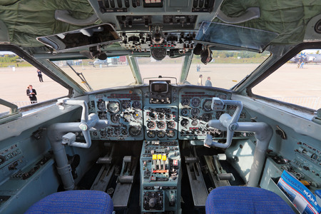 ZHUKOVSKY, RUSSIA - AUG 27, 2013: The cabin of the plane Yakovlev Yak-40 at the International Aviation and Space salon MAKS-2013のeditorial素材