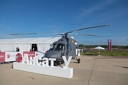 ZHUKOVSKY, RUSSIA - AUG 28, 2013: Kazan "Ansat-Y" light, training multipurpose helicopter at the International Aviation and Space salon MAKS-2013のeditorial素材