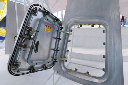 ZHUKOVSKY, RUSSIA - AUG 31: Stand of S.P. Korolev Rocket and Space Corporation Energia. Component of spacecraft -  hatch at the International Aviation and Space salon MAKS-2013.のeditorial素材