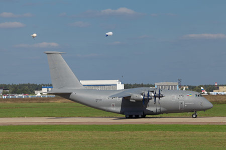 ZHUKOVSKY, RUSSIA - AUG 28, 2013: Landing of Antonov An-70 aircraft after a demonstration flight at...