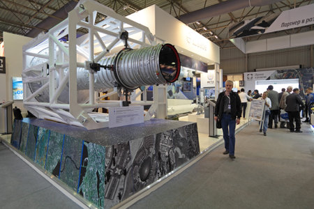 ZHUKOVSKY, RUSSIA - AUG 29, 2013: Stand of Russian Federal Space Agency. Optical-electronic...