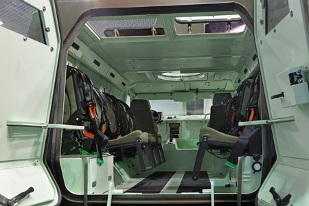 NIZHNY TAGIL, RUSSIA - SEP 25, 2013: The international exhibition of armament, military equipment and ammunition RUSSIA ARMS EXPO (RAE-2013). Modern French armored car Bastion Patsas production Acmat (inside view)のeditorial素材