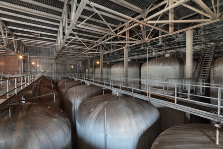 Brewing production - fermentation department, the upper part of the fermentation vats, the interior...