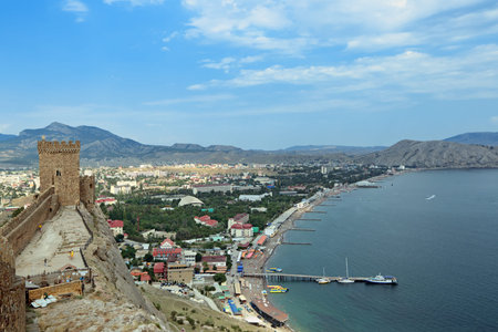 SUDAK, REPUBLIC OF CRIMEA, RUSSIA - AUG 07, 2014: Views of Sudak Bay from the Genoese fortress, summer landscapeのeditorial素材