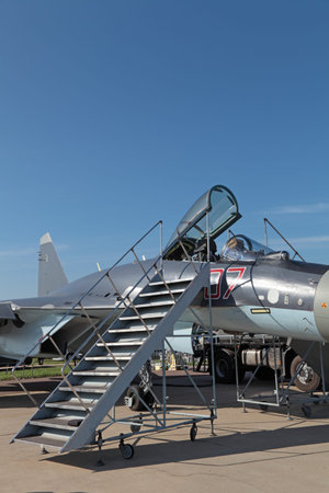 ZHUKOVSKY, RUSSIA - AUG 28, 2013: Demonstration plane Sukhoi Su-35 is single-seat, twin-engine...