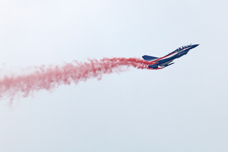 ZHUKOVSKY, RUSSIA - AUG 30, 2013: Fighter aerobatic teams "August 1" the air force of China on plane Chengdu J-10 at the International Aviation and Space salon MAKS-2013のeditorial素材