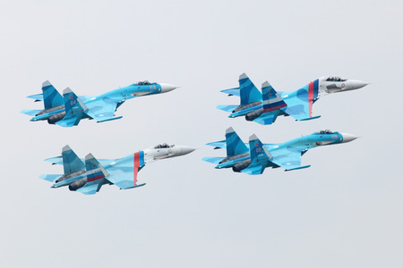 ZHUKOVSKY, RUSSIA - AUG 30, 2013: Ðerobatic teams "Falcons Of Russia" on planes Su-27 at the International Aviation and Space salon MAKS-2013のeditorial素材