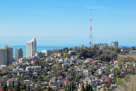SOCHI, RUSSIA - MAR 23, 2014: Cityscape, view from above of a modern residential building and TV towerのeditorial素材