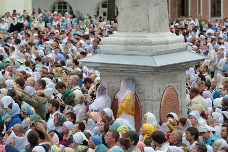 MOSCOW REGION, SERGIYEV POSAD, RUSSIA - JUL 18, 2014: Trinity Lavra of St. Sergius, pilgrims on the celebration of the 700th anniversary of the birthday of St. Sergius of Radonezhのeditorial素材
