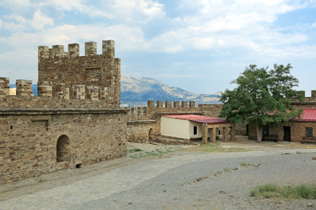 SUDAK, REPUBLIC OF CRIMEA, RUSSIA - AUG 07, 2014: The ruins of the medieval Genoese fortress in Sugdeya city (currently - Sudak)のeditorial素材