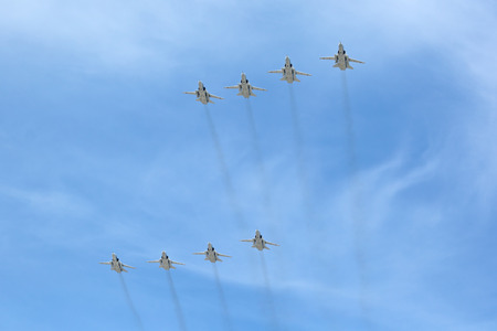 MOSCOW, RUSSIA â MAY 9, 2015: Military parade of 70th anniversaries of a victory devoted to celebrating in WWII. Group of planes Sukhoi Su-24 (Fencer) is a supersonic, all-weather attack aircraft/interdictor developed in the Soviet Union in the sky overのeditorial素材