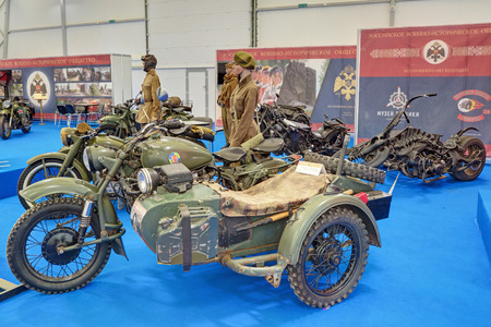 KUBINKA, MOSCOW OBLAST, RUSSIA - JUN 17, 2015: International military-technical forum ARMY-2015 in military-Patriotic park. The stand of the Russian military historical society, vintage motorcycles of WWIIのeditorial素材