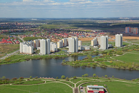 MOSCOW, RUSSIA - MAY 05, 2015: Moscow cityscape, South-Western Administrative Okrug. Top view of the Yuzhnoye Butovo District is located outside the Moscow ring roadのeditorial素材