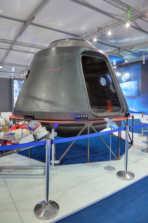 ZHUKOVSKY, RUSSIA - AUG 29, 2015: Stand of S.P. Korolev Rocket and Space Corporation Energia. New generation landing a spacecraft out of carbon fiber at the International Aviation and Space salon MAKS-2015のeditorial素材
