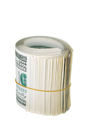 The bundle dollars USA of rubber bands, isolated on white backgroundの写真素材