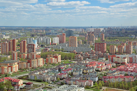 MOSCOW, RUSSIA - MAY 05, 2015: Moscow cityscape. Top view of the Kurkino District of Moscow, North-Western Administrative Okrug situated beyond the Moscow ring roadのeditorial素材