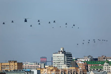 MOSCOW, RUSSIA - MAY 09, 2015: Celebration of the 70th anniversary of the Victory Day (WWII). Flight...
