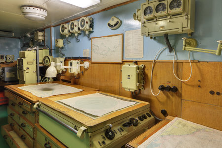MURMANSK, RUSSIA - FEB 17, 2016: Interior of the Soviet atomic icebreaker "Lenin". The navigator pilothouseのeditorial素材