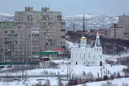 MURMANSK, RUSSIA - FEB 16, 2016: Cityscape, church of the Savior on the waters (Church of Our Saviour the Image)のeditorial素材