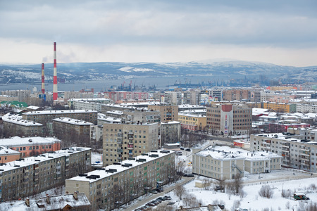MURMANSK, RUSSIA - FEB 21, 2016: Ð city landscape with a view of the Kola Bayのeditorial素材
