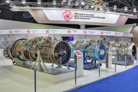 ZHUKOVSKY, MOSCOW REGION, RUSSIA - AUG 30, 2015: The stand of the United engine Corporation. The...