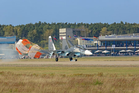 ZHUKOVSKY, MOSCOW REGION, RUSSIA - AUG 27, 2015: A landing aircraft Sukhoi Su-30 SM (Flanker-C) is...