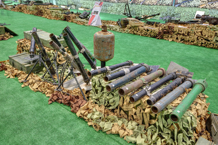 KUBINKA, MOSCOW OBLAST, RUSSIA - AUG 22, 2018: International military-technical forum ARMY-2018. Syrian exhibition. Hand-made mortars seized from the terrorists in Syriaのeditorial素材