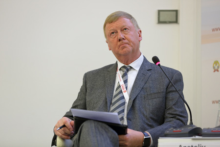 MOSCOW, RUSSIA - JAN 17, 2018: Anatoly Borisovich Chubais - Russian politician and businessman, Chairman of the executive board of Russian Nanotechnology Corporation (RUSNANO) at the Gaidar Forum 2018のeditorial素材