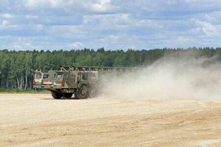 MILITARY GROUND ALABINO, MOSCOW OBLAST, RUSSIA - AUG 22, 2018: The multi-axle wheeled chassis KAMAZ-7850 from the family "Platforma-O" at the International military-technical forum ARMY-2018のeditorial素材