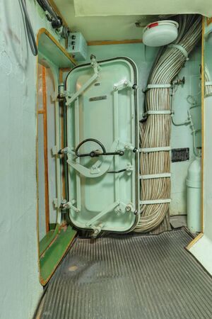 MURMANSK, RUSSIA - FEB 17, 2016: Interior of the Soviet atomic icebreaker "Lenin". Metal door between the roomsのeditorial素材