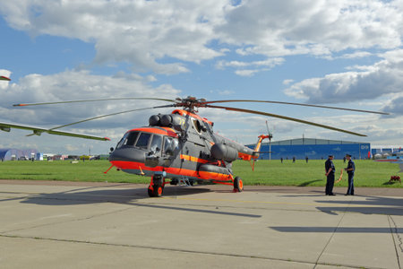 ZHUKOVSKY, MOSCOW REGION, RUSSIA - AUG 27, 2019: The Mil Mi-8 AMTSH is a transport assault...