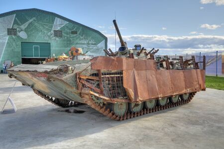KUBINKA, MOSCOW OBLAST, RUSSIA - AUG 22, 2018: International military-technical forum ARMY-2018. Syrian exhibition. Soviet amphibious infantry fighting vehicle, captured from terrorists in Syriaのeditorial素材
