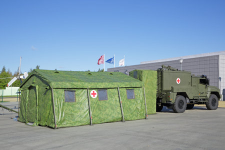 KUBINKA, MOSCOW OBLAST, RUSSIA - AUG 22, 2018: International military-technical forum ARMY-2018. Medical point battalion on the basis of a Ñrotected ambulance tactical link "Linza" (medical transporter)のeditorial素材