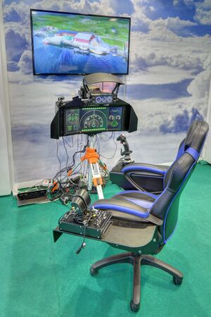ZHUKOVSKY, MOSCOW REGION, RUSSIA - AUG 27, 2019: Sample integrated avionics equipment of the aircraft at the International Aviation and Space salon MAKS-2019のeditorial素材