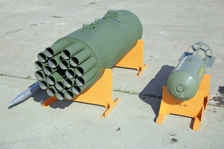 ZHUKOVSKY, MOSCOW REGION, RUSSIA - AUG 27, 2019: Block of unguided aircraft missiles and...