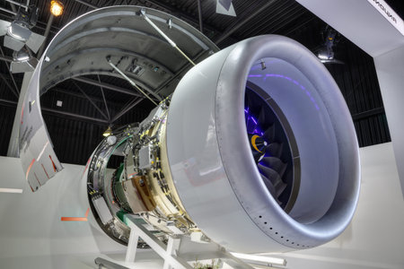 ZHUKOVSKY, MOSCOW REGION, RUSSIA - AUG 27, 2019: Promising turbojet PD-14 at the stand of the United...