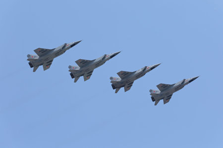 MOSCOW, RUSSIA - MAY 07, 2019: Rehearsal of the Victory Day celebration (WWII). The airshow on the Red Square. The group of MiG-31BM (Foxhound) is a Russian supersonic high-altitude all-weather long-range interceptor fighterのeditorial素材