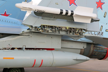 ZHUKOVSKY, MOSCOW REGION, RUSSIA - AUG 24, 2015: The folding wing mechanism Mikoyan-Gurevich MiG-29K...
