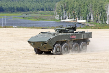 MILITARY GROUND ALABINO, MOSCOW OBLAST, RUSSIA - AUG 22, 2018: The Bumerang is an amphibious wheeled...