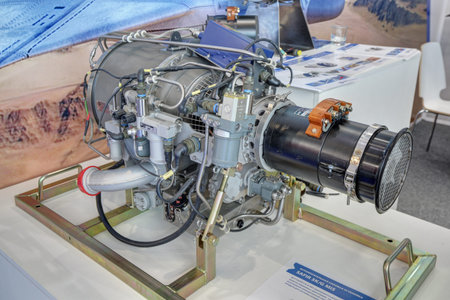 ZHUKOVSKY, MOSCOW REGION, RUSSIA - AUG 27, 2019: Auxiliary gas-turbine engine for helicopters Safir...