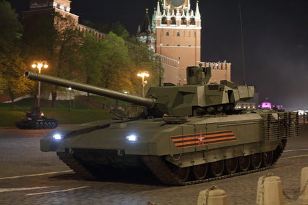 MOSCOW, RUSSIA - MAY 04, 2019: Night rehearsal of the Victory Day celebration (WWII) on Red Square....