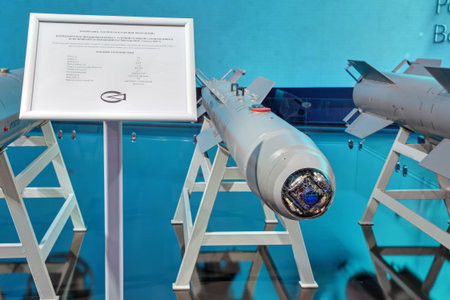 ZHUKOVSKY, MOSCOW REGION, RUSSIA - AUG 27, 2019: JSC Tactical Missiles Corporation. Adjustable aircraft bomb with laser homing head KAB-250LG-E at the International Aviation and Space salon MAKS-2019のeditorial素材